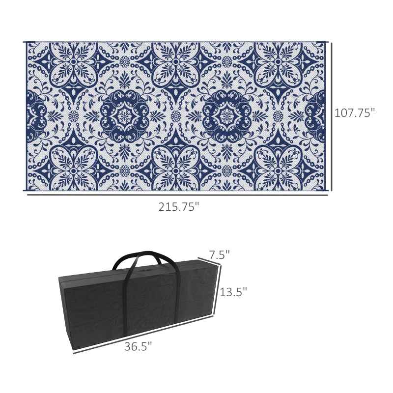 Outsunny Outdoor Rug for Patio, 9' x 18' Waterproof Large Mat, Reversible Plastic Straw Rug for Decor, Portable Outside RV Camping Area Carpet Mat for Backyard Porch Deck Picnic, Blue & White Floral