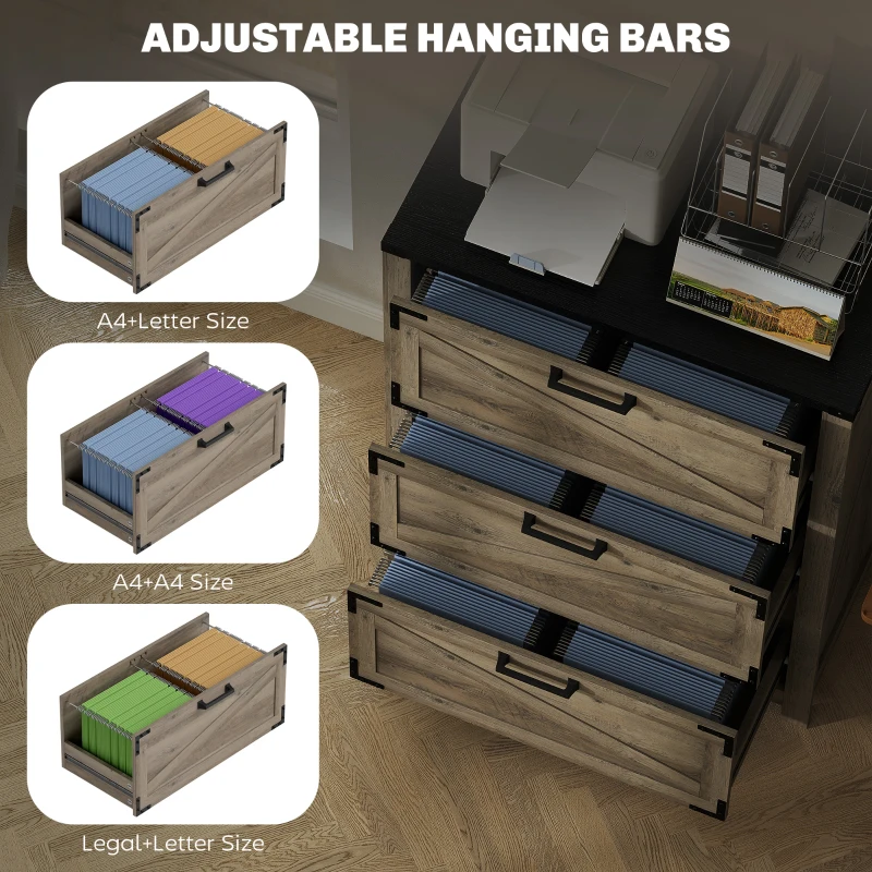 HOMCOM 3 Drawer Filing Cabinet, Farmhouse Office Storage Cabinet with Adjustable Hanging Bars for Letter, A4, Legal Size, Grey