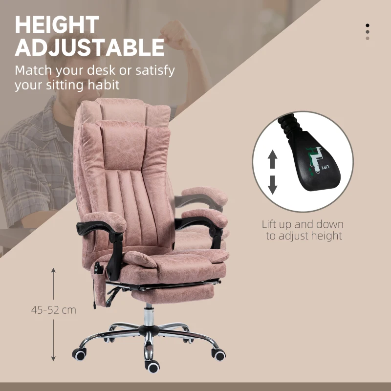 Vinsetto Massage Office Chair with 6 Points and Heat, Reclining Computer Chair with Adjustable Height and Footrest, Pink