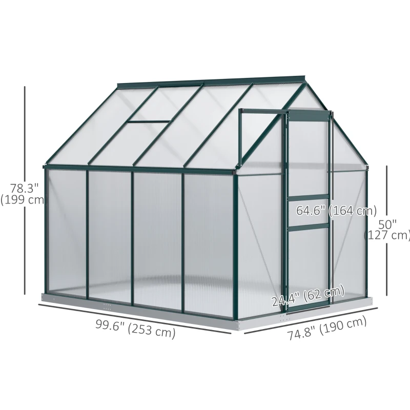 Outsunny 6' x 8' x 6.5' Polycarbonate Greenhouse, Walk-in Green House with Adjustable Roof Vent Galvanized Base Sliding Door Rain Gutter for Outdoor Garden Backyard, Green