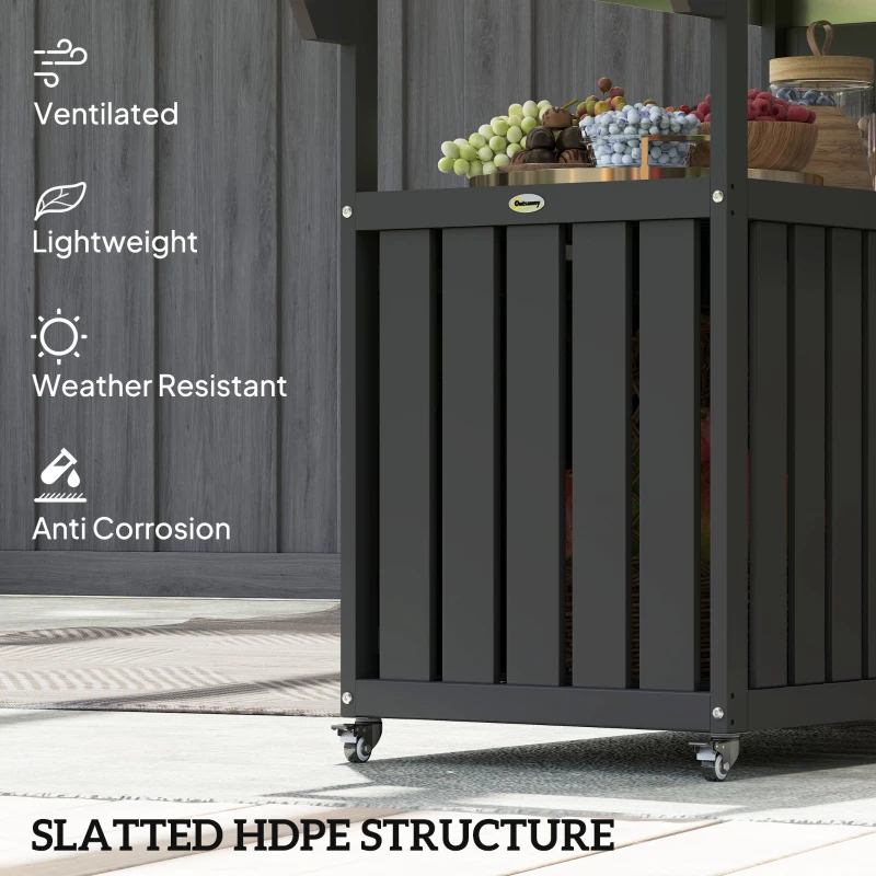 Outsunny Outdoor Bar Cart with Storage, Stainless Steel Outdoor Bar Table Top, Wheeled HDPE Kitchen Island for Food Prep, Black
