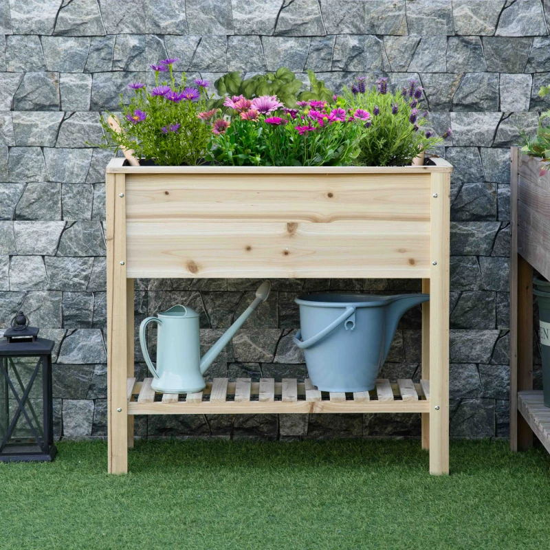 Outsunny Elevated Planter Box with Storage Shelf for Flowers, Vegetables, and Herbs, 36" x 16" x 32", Natural