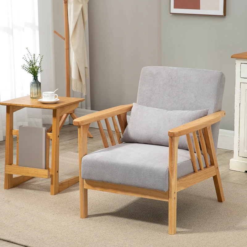 HOMCOM Armchair Upholstered Lounge Chair with Rubber Wood Frame Throw Pillows and Comfortable Cushion, Gray