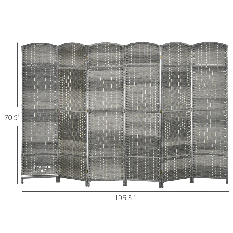 HOMCOM Folding Room Divider Screen 6 Panel 6' Tall Privacy Screen Freestanding Wood Partition for Home Office, Mixed Gray