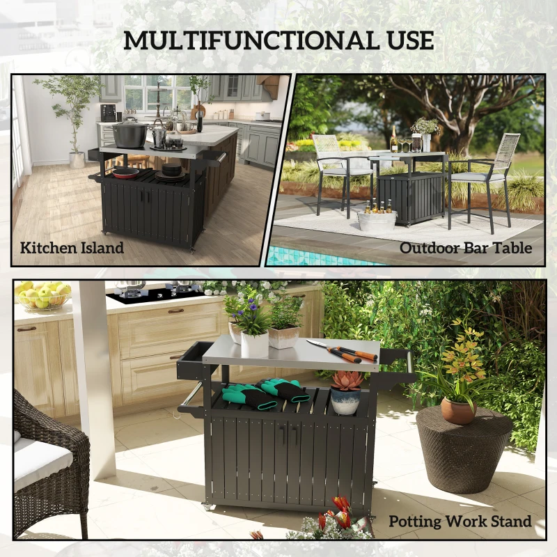 Outsunny Outdoor Bar Cart with Storage, Stainless Steel Outdoor Bar Table Top, Wheeled HDPE Kitchen Island for Food Prep, Black