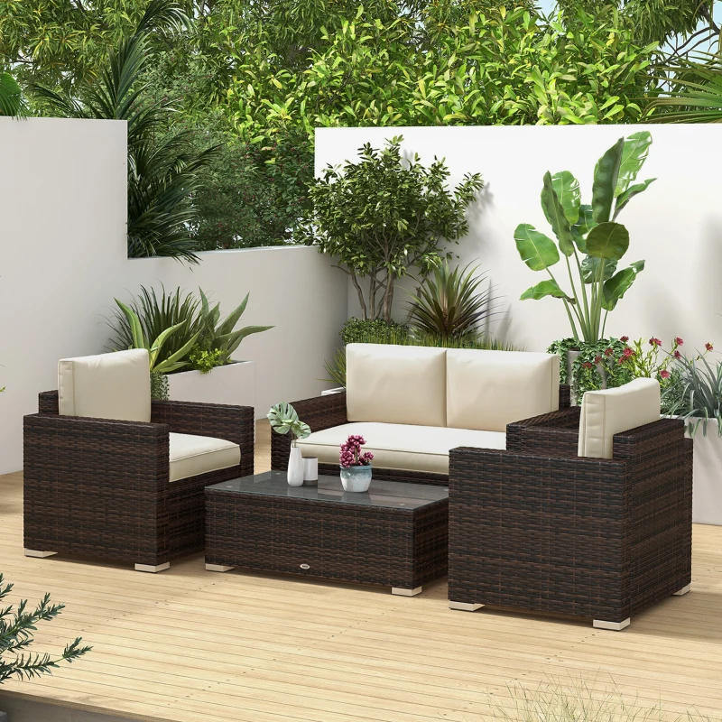Outsunny 4 Pieces Rattan Sofa Set Wicker Patio Sofa Set with Loveseat Chairs Glass Top Coffee Table for Garden Outdoor Khaki