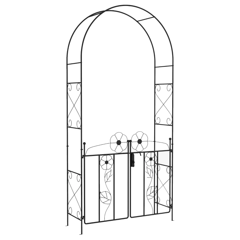 Outsunny 7.5FT Metal Garden Arbour with Double Gate, Arch Trellis for Climbing Vine Plants, Outdoor Wedding, Decoration, Black