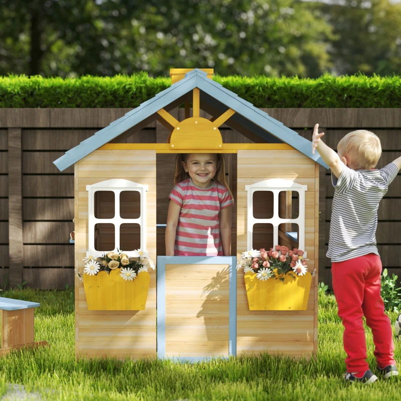 Outsunny Wooden Playhouse for Kids Outdoor Garden with Working Door, Windows, Bench, Service Station, Flowers Pot Holder, Blue
