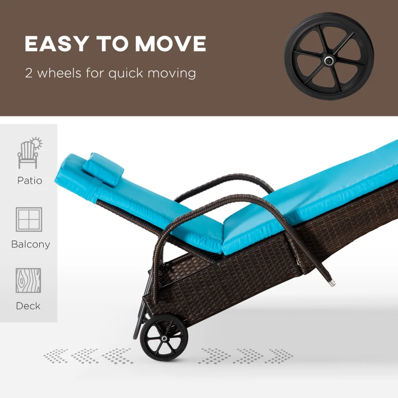 Outsunny 3 Pieces Wicker Patio Lounger Set with Table, PE Rattan Outdoor Lounge Chair Set with Cushions, Wheels, 5-Level Reclining Backrest, Headrest, Brown/Blue