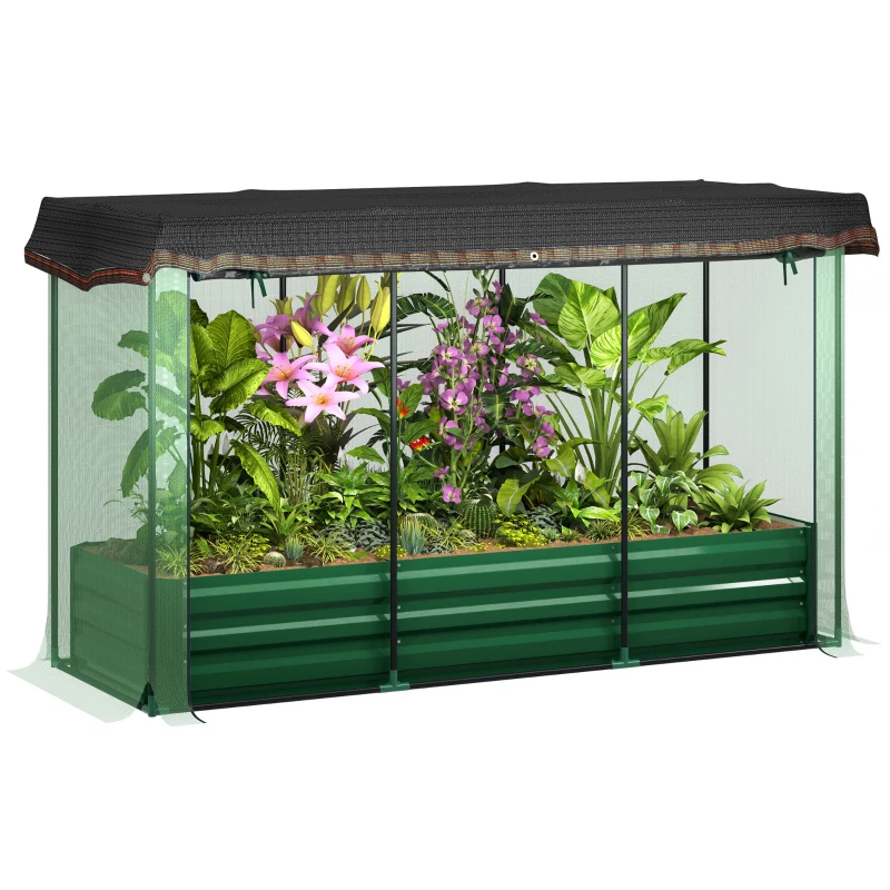 Outsunny Galvanized Steel Planter Box with Crop Cage and Shade Cloth, Raised Garden Bed for Flowers, Vegs and Herbs