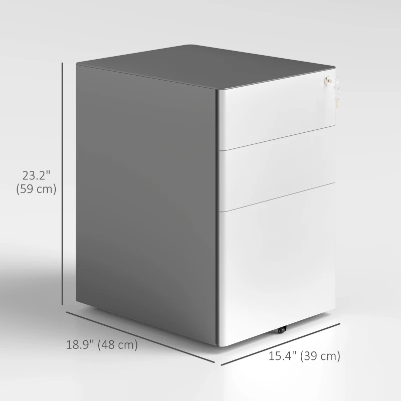 Vinsetto 3 Drawer Filing Cabinet, Home Office Storage Cabinet with Wheels, Lock for A4, Letters, Legal-sized Files, Grey and White