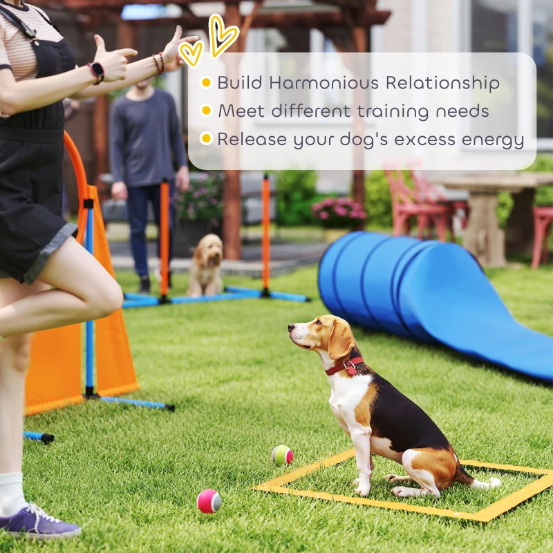 PawHut 10 PCs Dog Agility Training Equipment Set Outdoor Indoor, Dog Agility Course Backyard Set with 2 Tunnels, Weave Poles
