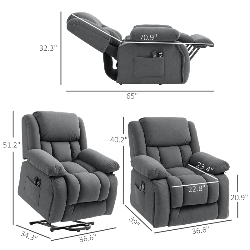 HOMCOM Overstuffed Power Lift Recliner Chair with Vibration Massage and Heat, Side Pockets, Pocket Spring, for Adults, Gray