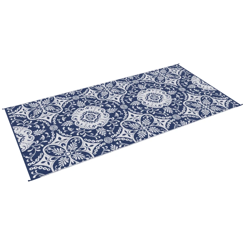 Outsunny Outdoor Rug for Patio, 9' x 18' Waterproof Large Mat, Reversible Plastic Straw Rug for Decor, Portable Outside RV Camping Area Carpet Mat for Backyard Porch Deck Picnic, Blue & White Floral
