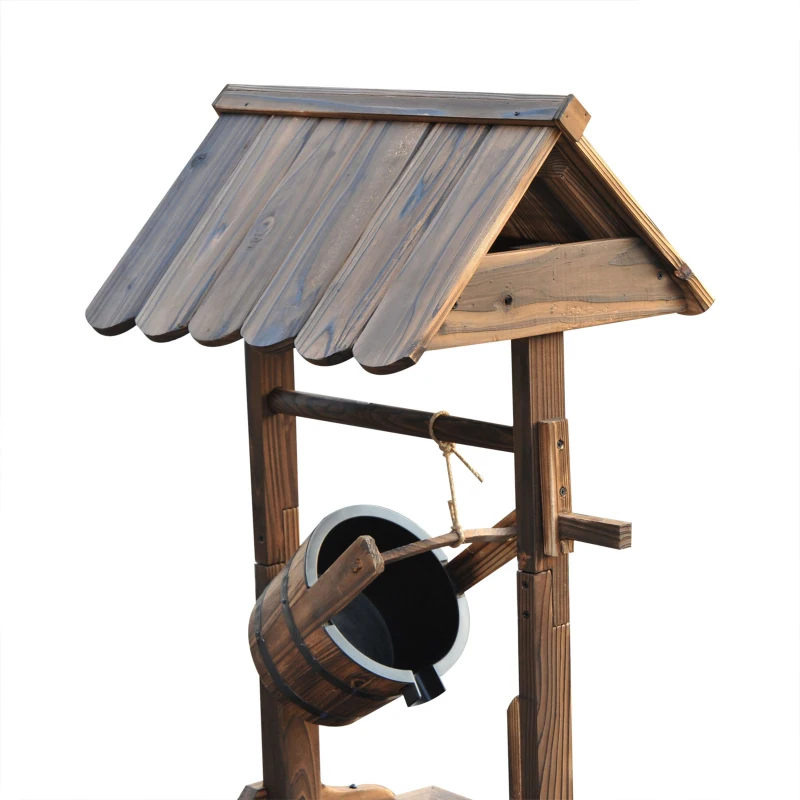 Outsunny Wooden Well Wishing Fountain Outdoor with Electric Pump Water Bucket for Patio Garden Carbonized