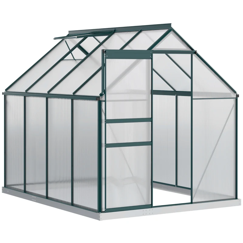 Outsunny 6' x 8' x 6.5' Polycarbonate Greenhouse, Walk-in Green House with Adjustable Roof Vent Galvanized Base Sliding Door Rain Gutter for Outdoor Garden Backyard, Green