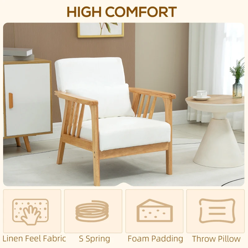 HOMCOM Armchair Upholstered Lounge Chair with Rubber Wood Frame Throw Pillows and Comfortable Cushion, White