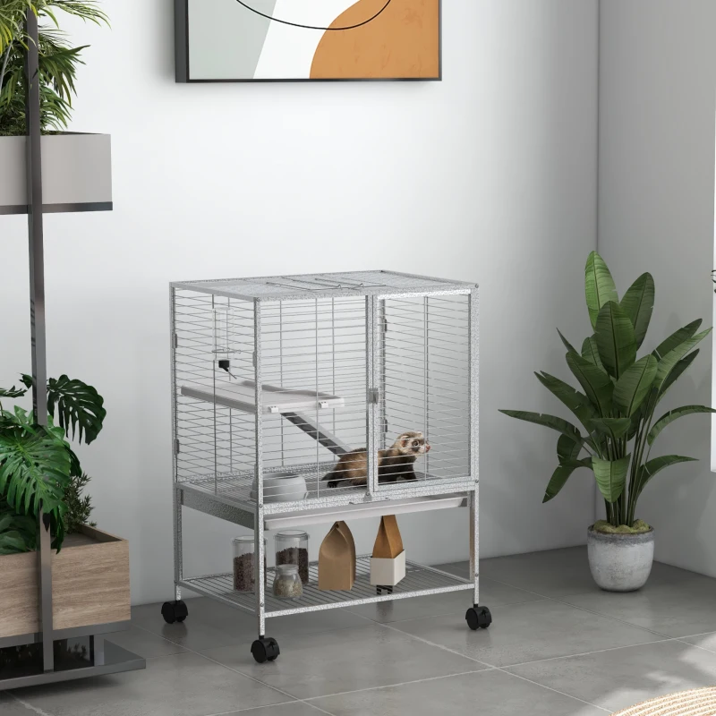 PawHut Rolling Small Animal Cage 34"H Chinchilla Cage for Ferrets, Squirrels w/ Removable Tray, Storage Shelf, Light Grey
