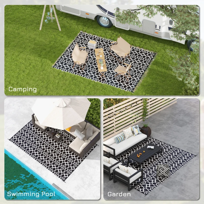 Outsunny Reversible Outdoor Rug Carpet RV Camping Rugs with Carry Bag, 9' x 12', Black & White Clover