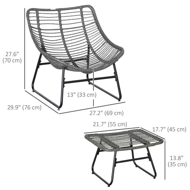 Outsunny Rattan Chair w/ Stool, Cushion, Adjustable Foot Pads, Grey