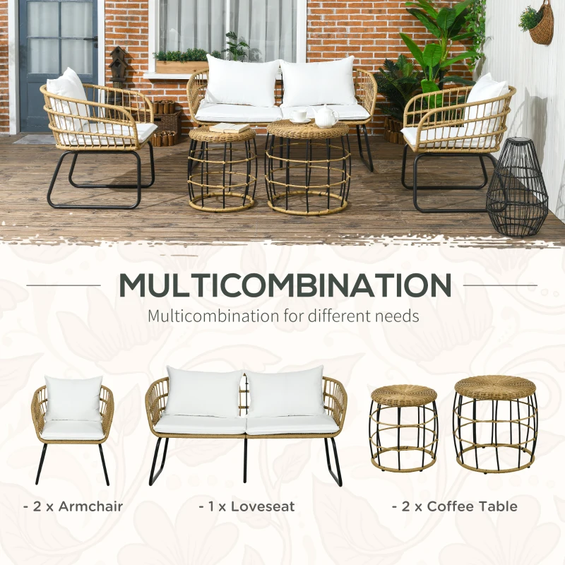Outsunny 5 Piece PE Rattan Outdoor Furniture Set with Cushioned Chairs, Loveseat Sofa & Stackable Coffee Tables, Cream White