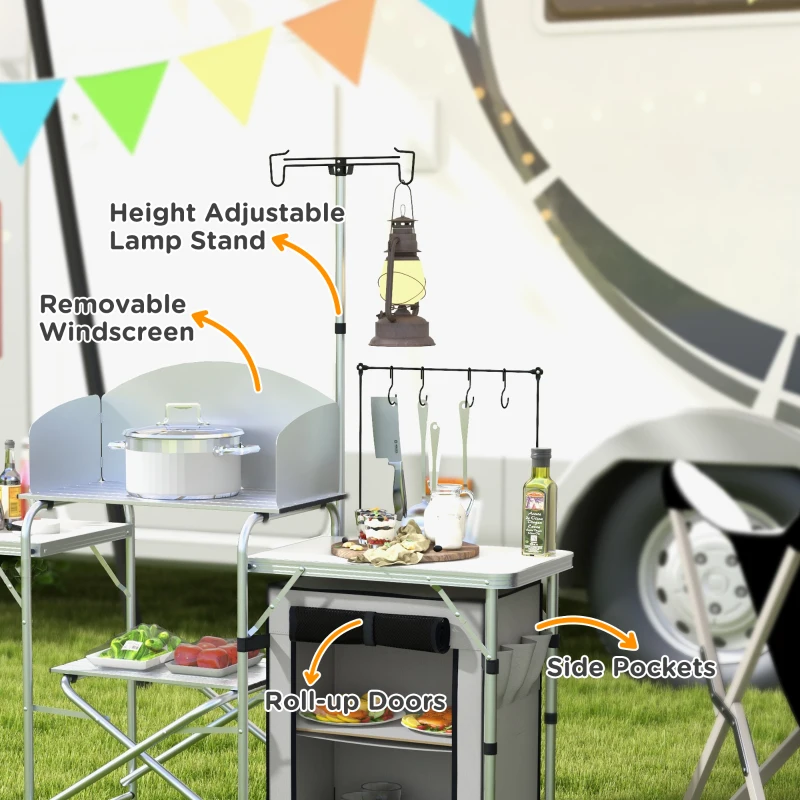 Outsunny Folding Camping Table with Storage Organizer Aluminum Portable Camping Kitchen with Windshield Light Stand Bag Silver