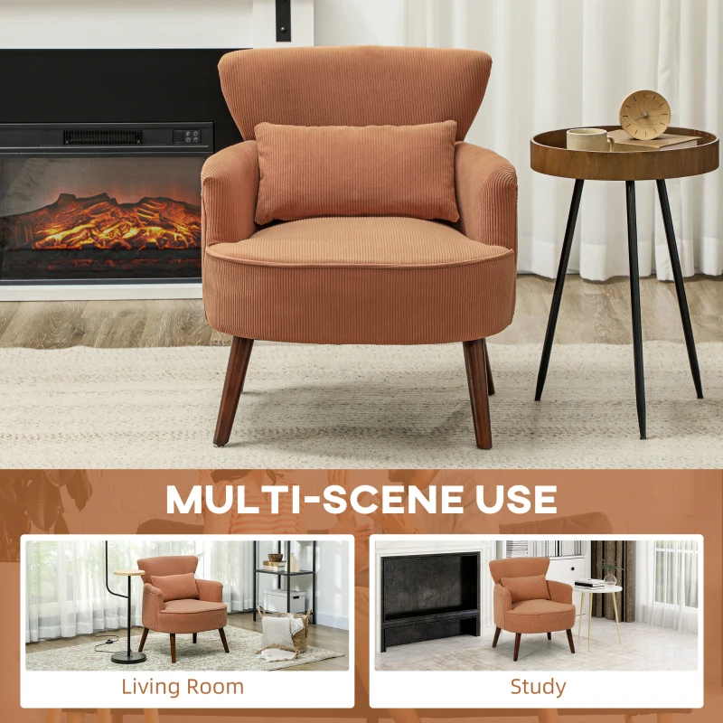 HOMCOM Modern Accent Chair, Upholstered Armchair with Solid Wood Legs and Lumbar Pillow for Living Room, Orange