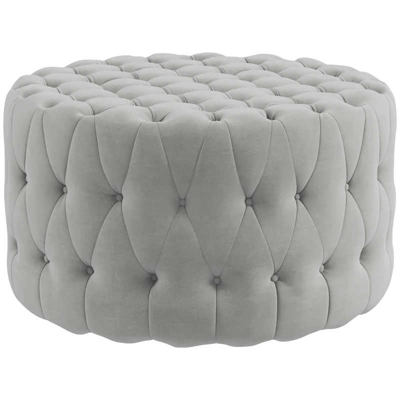 HOMCOM Round Ottoman Coffee Table with Velvet-feel Upholstery, Button Tufted Design and Padded Seat, Gray