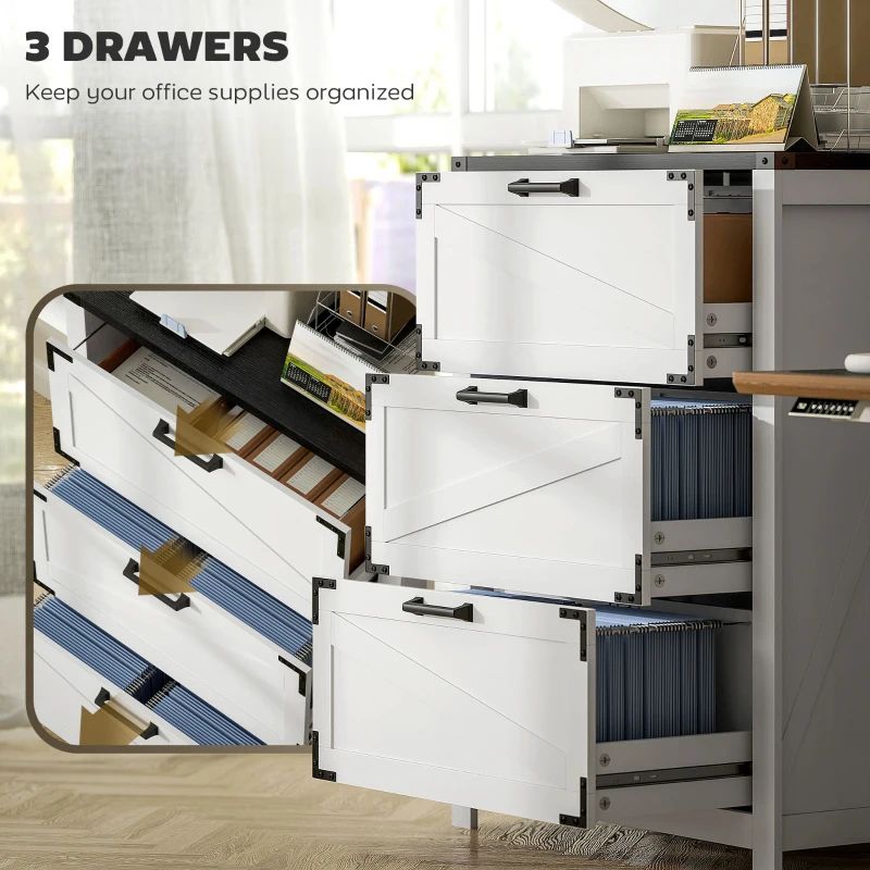 HOMCOM 3 Drawer Filing Cabinet, Farmhouse Office Storage Cabinet with Adjustable Hanging Bars for Letter, A4, Legal Size, White