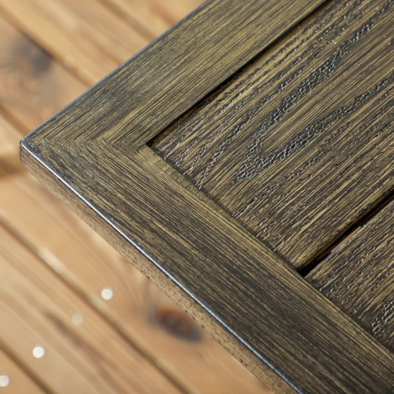 Outsunny Steel Frame 59 Inch Outdoor Dining Table for Six with Parasol Hole, Wood Grain Tabletop, for Backyard, Garden, Brown