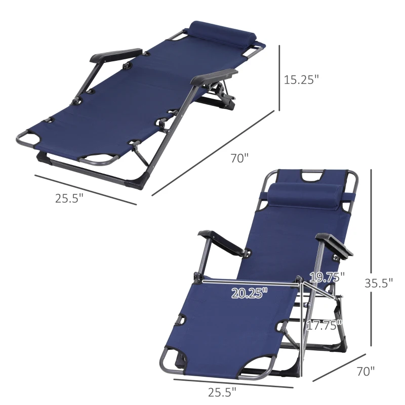 Outsunny Folding Chaise Lounge Chair for Outside, 2-in-1 Tanning Chair with Pillow & Pocket, Adjustable Pool Chair for Beach, Patio, Lawn, Deck, Navy