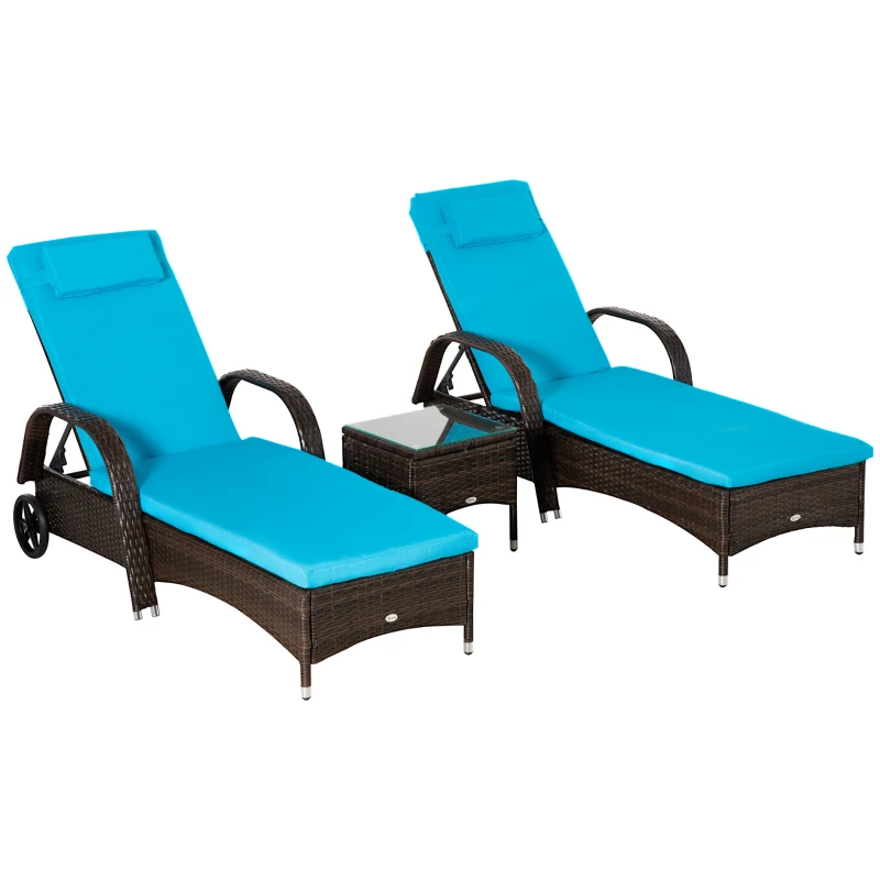 Outsunny 3 Pieces Wicker Patio Lounger Set with Table, PE Rattan Outdoor Lounge Chair Set with Cushions, Wheels, 5-Level Reclining Backrest, Headrest, Brown/Blue