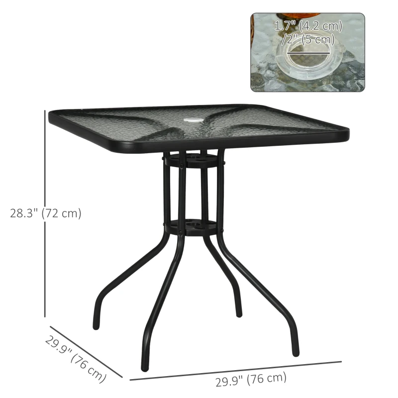 Outsunny Square Patio Dining Table with Umbrella Hole Tempered Glass Top Outdoor Dining Table for Garden Balcony Black