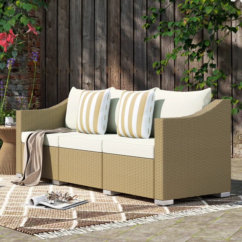 Outsunny Rattan Wicker 3 Seater Patio Couch with Cushions, 2 Throw Pillows, Outdoor Furniture Rattan Sofa, Cream White
