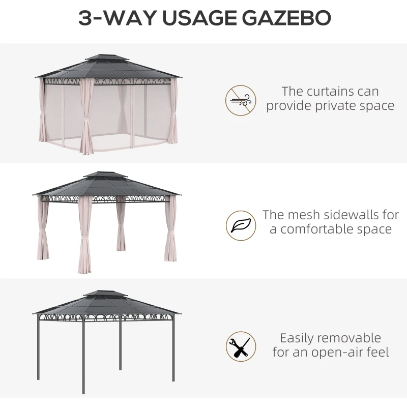 Outsunny 10' x 12' Outdoor Hardtop Gazebo Canopy w/ Double PC Roof, Steel Frame, Nettings, Curtains for Garden Lawn Deck, Khaki