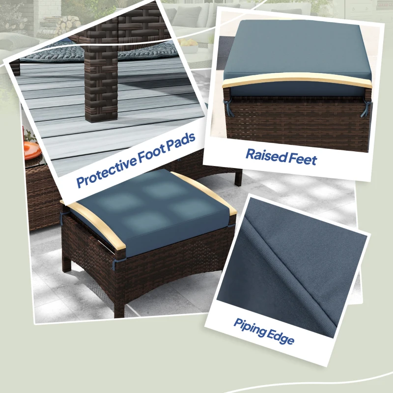 Outsunny 2 Pieces Wicker Outdoor Ottoman with Removable Cushion, Rattan Outdoor Footstool, Footrest and Side Table, Blue