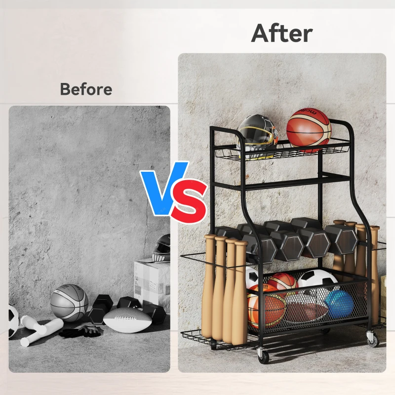 Soozier Garage Sports Equipment Organizer, Rolling Home Gym Storage Rack with Wheels, Dumbbell Rack and Ball Storage Holder