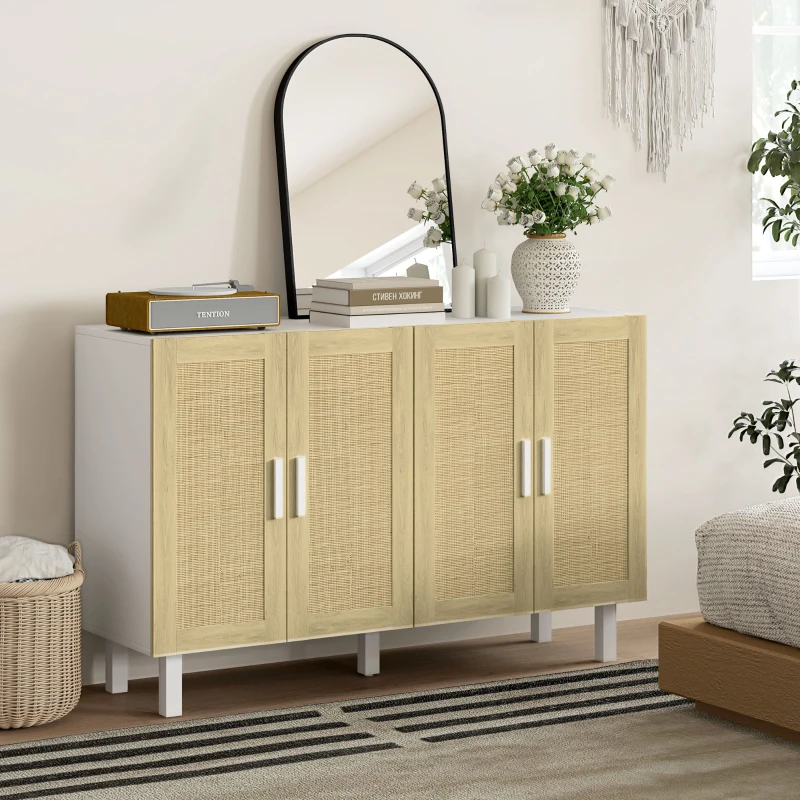 HOMCOM Boho Kitchen Cabinet, Buffet Cabinet with 4 Rattan Doors and Adjustable Shelves for Dining Room, White and Natural