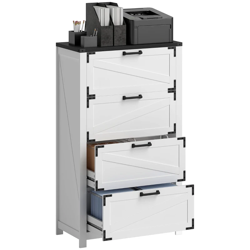 HOMCOM 4 Drawer Filing Cabinet, Farmhouse Office Storage Cabinet with Adjustable Hanging Bars for Letter, A4, Legal Size, White