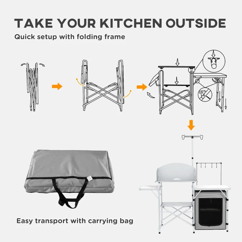 Outsunny Folding Camping Table with Storage Organizer Aluminum Portable Camping Kitchen with Windshield Light Stand Bag Silver