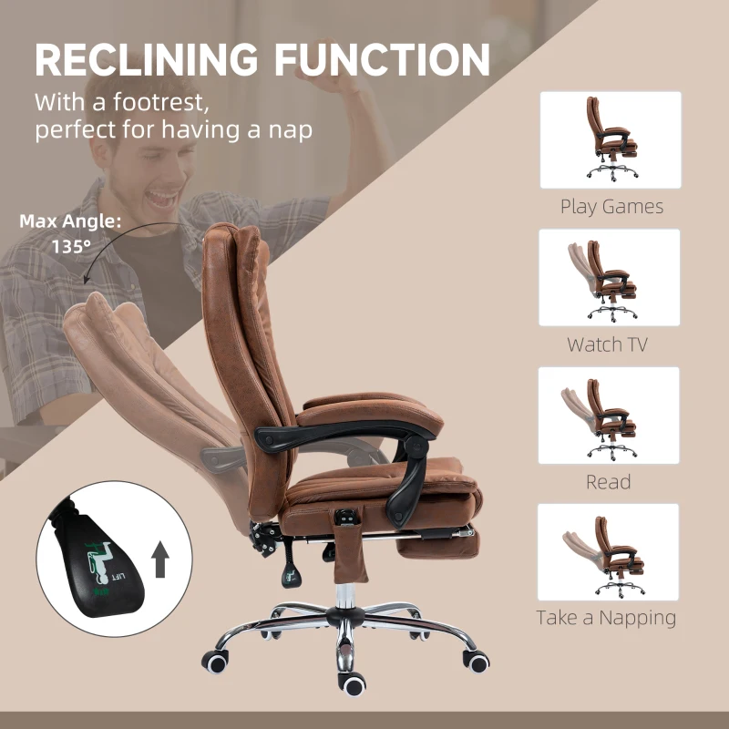Vinsetto Massage Office Chair with 6 Points and Heat, Reclining Computer Chair with Adjustable Height and Footrest, Brown