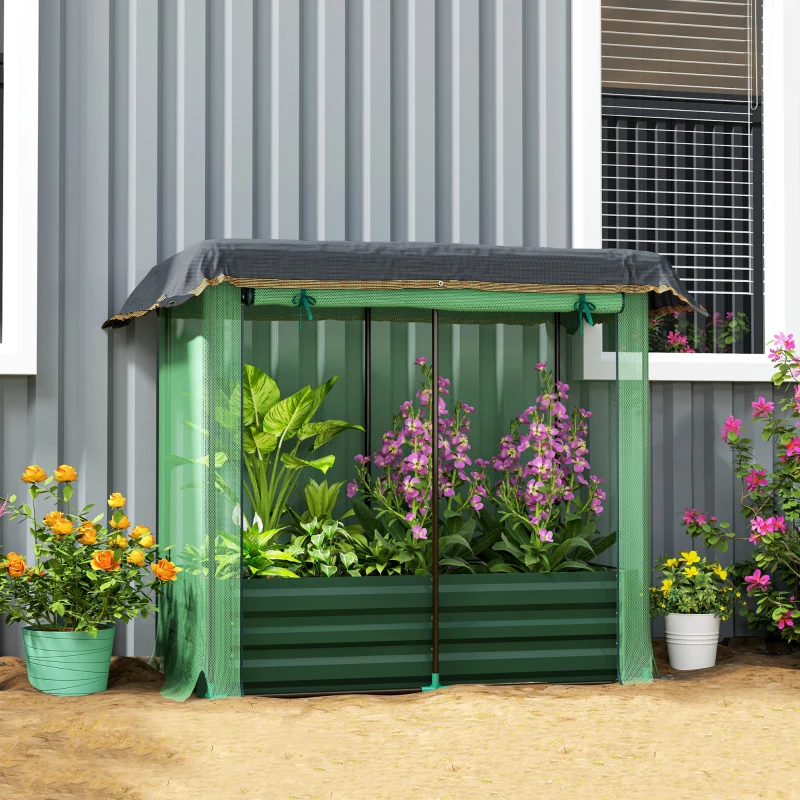 Outsunny Galvanized Steel Planter Box with Crop Cage and Shade Cloth, Raised Garden Bed for Flowers, Vegs and Herbs