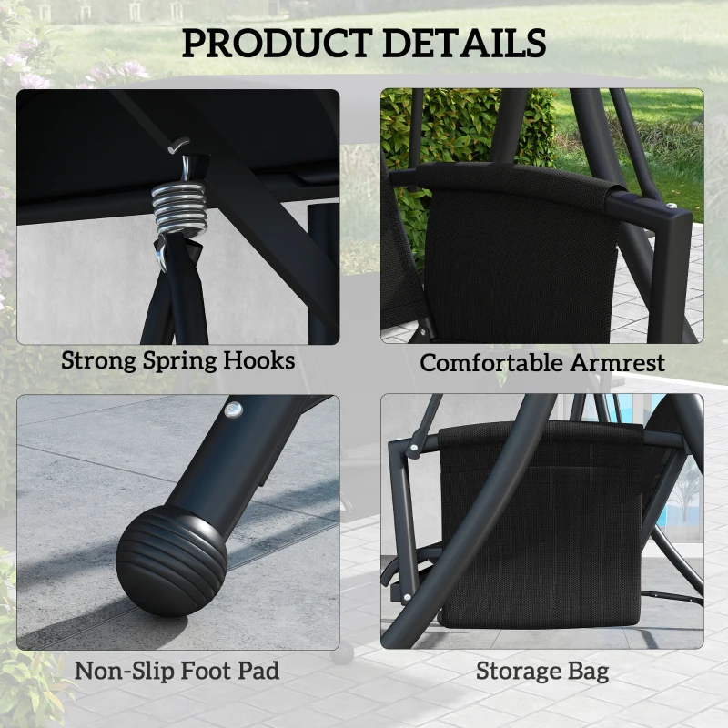 Outsunny 3 Person Outdoor Porch Swing Chair with Adjustable Canopy, Black