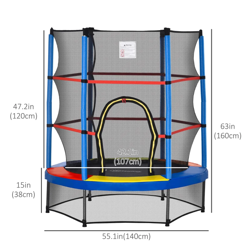 Outsunny 55" Kids Trampoline with Enclosure Net for Indoor/Outdoor, Trampoline for Boys and Girls Age 3-6 Years, Multi-Coloured