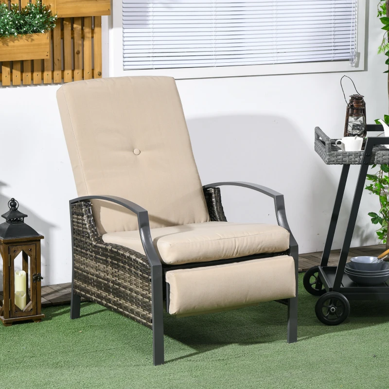 Outsunny Outdoor Rattan Recliner Chair, Wicker Reclining Chair with Adjustable Back Retractable Footrest Cushion Khaki