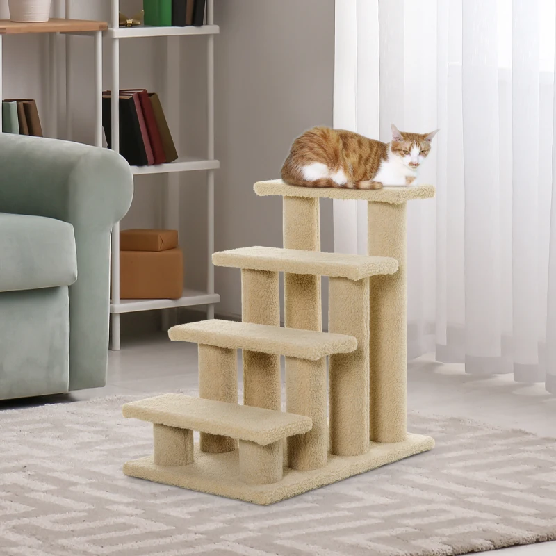 PawHut 23.5" 4 Tier Pet Stairs Dog Cat Step Scratch Post Furniture, Cream White