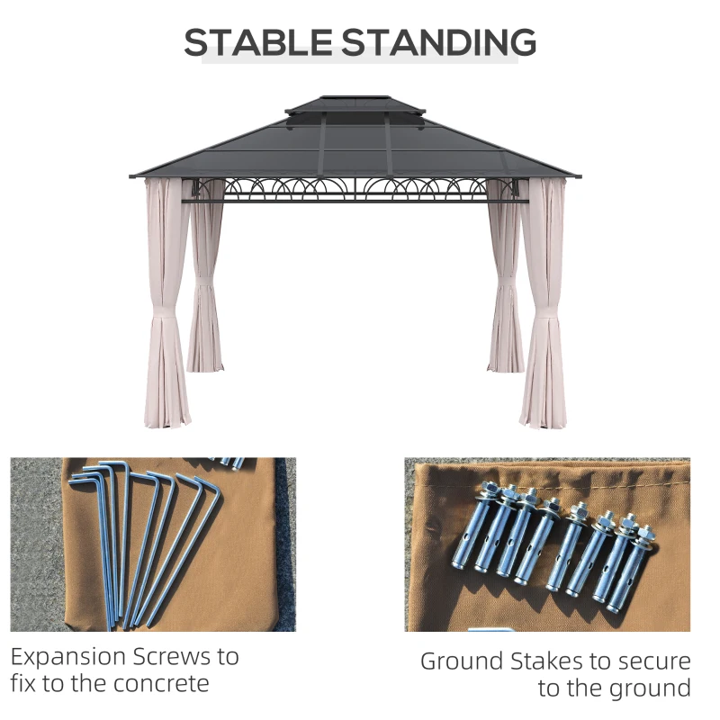 Outsunny 10' x 12' Outdoor Hardtop Gazebo Canopy w/ Double PC Roof, Steel Frame, Nettings, Curtains for Garden Lawn Deck, Khaki