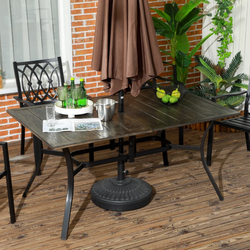 Outsunny Steel Frame 59 Inch Outdoor Dining Table for Six with Parasol Hole, Wood Grain Tabletop, for Backyard, Garden, Brown