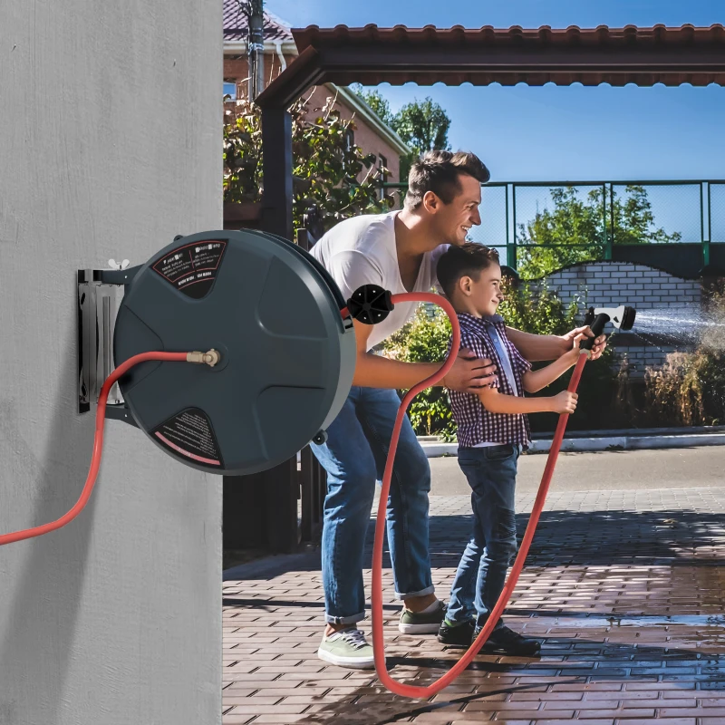 Outsunny 1/2" 49ft Retractable Hose Reel with 8 Pattern Hose Nozzle, Any Length Lock, Auto Rewind System & 180° Swivel Bracket