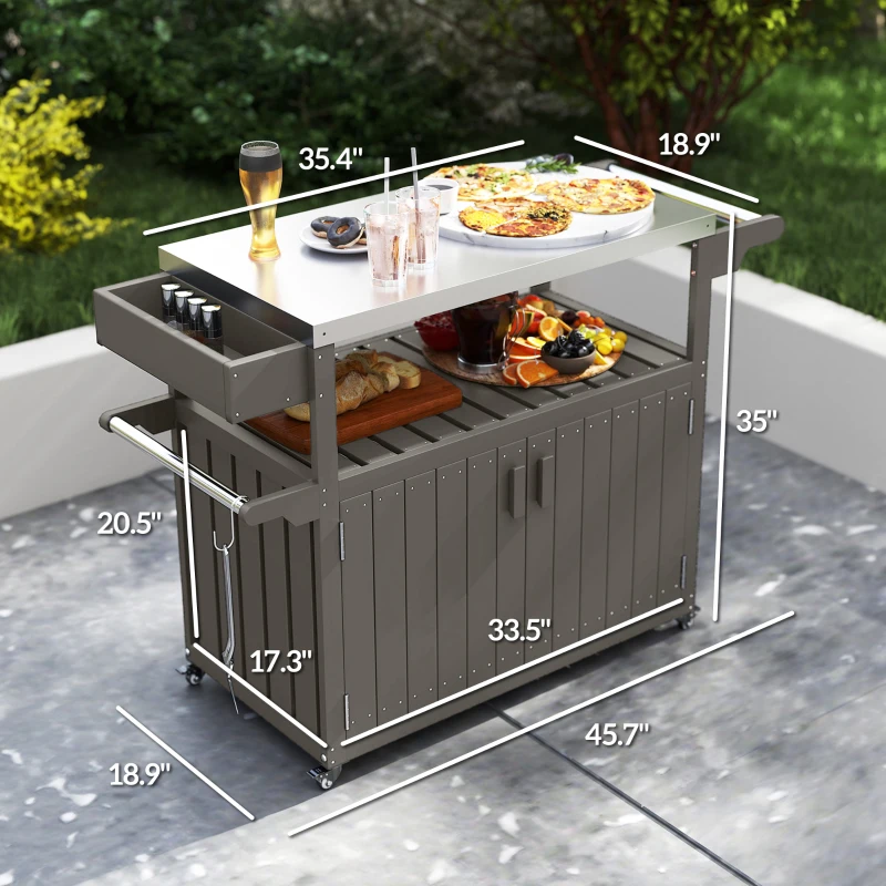 Outsunny Outdoor Bar Cart with Storage, Stainless Steel Outdoor Bar Table Top, Wheeled HDPE Kitchen Island for Food Prep, Gray